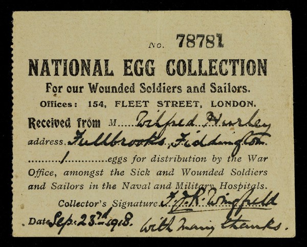 National egg collection for our wounded soldiers and sailors : offices: 154, Fleet Street, London.