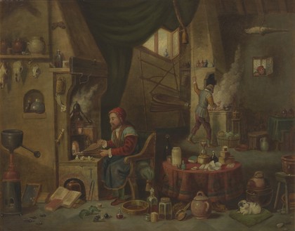 An alchemist in his laboratory. Oil painting by a follower of David Teniers the younger.