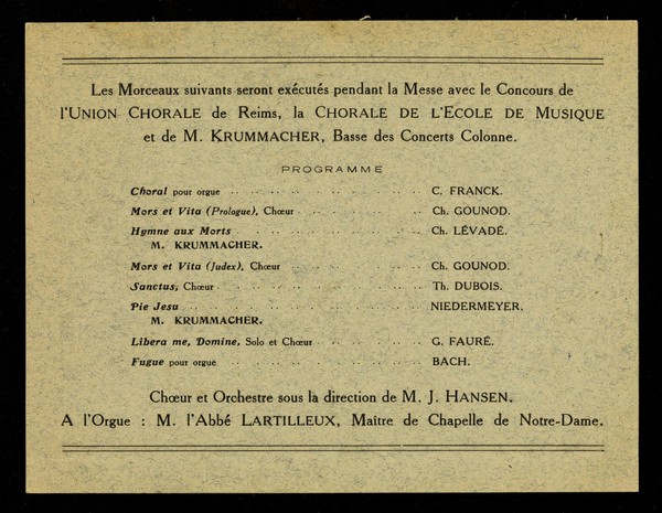 Vous êtes prié d'assister à la messe annuelle de la Croix-Rouge, qui sera cĺébrée, en l'Église Cathédrale, le dimanche 7 mars 1926, à midi précis, en l'honneur des soldats, marins franȩs, infirmiers et infirmières morts pour la France / Croix-Rouge Française.