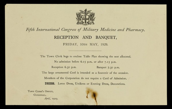 Reception and banquet, Friday, 10th May, 1929 / International Congress of Military Medicine and Pharmacy.