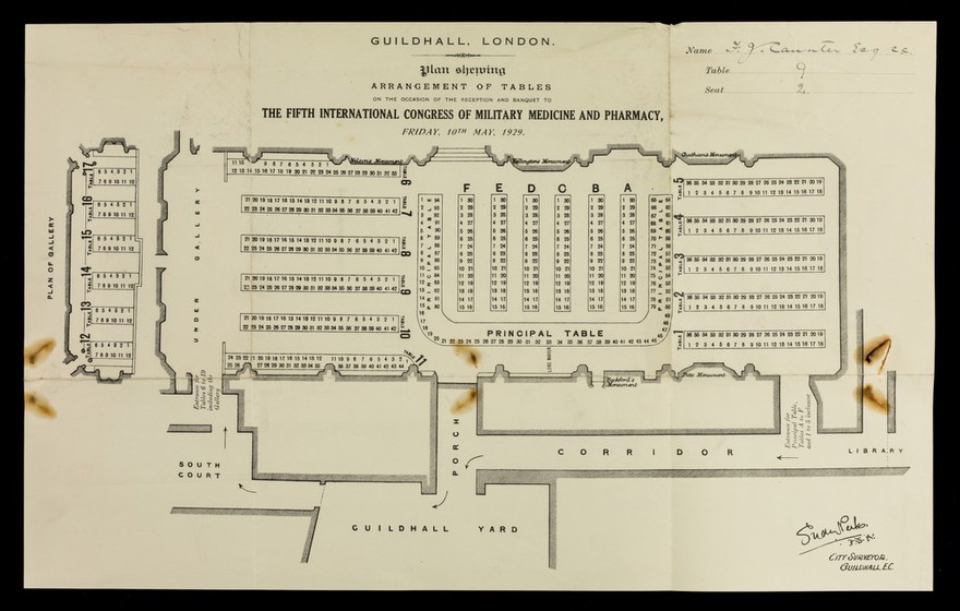 Plan shewing arangement of tables on the occasion of the reception and banquet to the Fifth International Congress of Military Medicine and Pharmacy, Friday, 10th May, 1929.