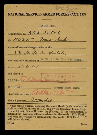 National service (armed forces) act, 1939 : grade card.