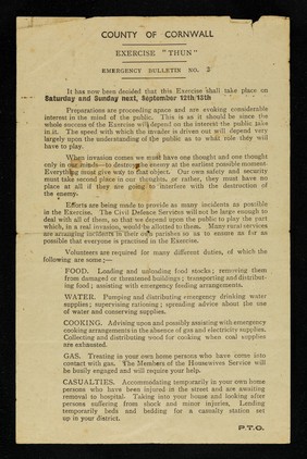 County of Cornwall : exercise "Thun" : emergency bulletin. No. 2 / E.H.W. Bolitho, A. de L. Cazenove.