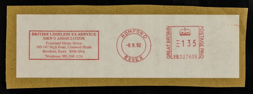 British Limbless Ex-Service Men's Association : Frankland Moore House, 185-187 High Road, Chadwell Heath, Romford, Essex, RM66NA : Telephone 081-590-1124 : [Postal cancellation stamp].