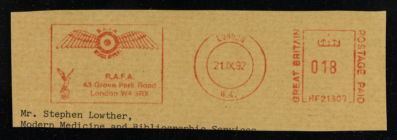 R.A.F.A. : 43 Grove Park Road, London W4 3RX : [Postal cancellation stamp] / Royal Air Forces Association.