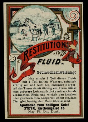 Restitutions Fluid : Gebrauchsanweisung : man mischt 1 Teil dieses Fluids mit 1 Teil kalten Wasser ... / Apotheke zum heiligen Geist, STEYR, Kirchengasse 16 ; Mag. Ph. Otto Dunkl.