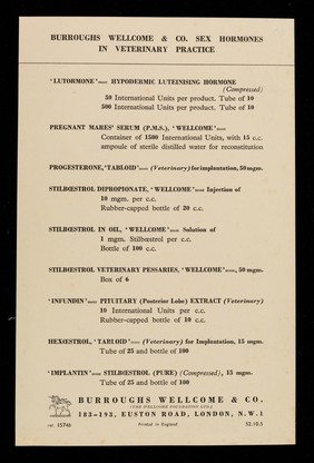 Burroughs Wellcome & Co. sex hormones in veterinary practice / Burroughs Wellcome & Co. (The Wellcome Foundation Ltd.)