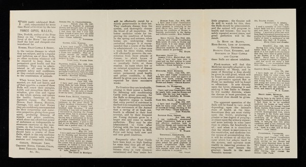 Cupiss' constitution balls for horses, cattle & sheep : are superior to all other medicine, and less expensive by reason of their lasting benefit, in cases of swelled legs, grease, cracked heels, surfeit, staring coat, colic, hide bound, loss of appetite, hove or blown, influenza, broken wind, strangles, sore throats, epidemic, coughs, colds, distemper, disordered liver, scouring, rot in sheep, gargate, conditioning, wasting, preserving health, &c. ... / Francis Cupiss.