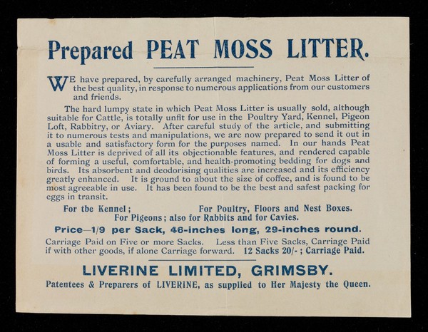 Prepared peat moss litter ... : a useful, comfortable, and health-promoting bedding for dogs and birds ... /cLiverine Limited.