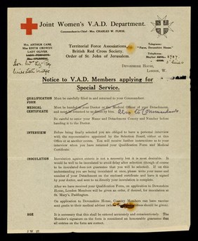 Notice to V.A.D. members applying for special service / Joint Women's V.A.D. Department.