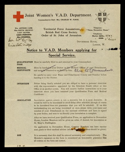 Notice to V.A.D. members applying for special service / Joint Women's V.A.D. Department.