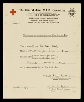 Certificate of application for war service bar / Joint Women's V.A.D. Dept.