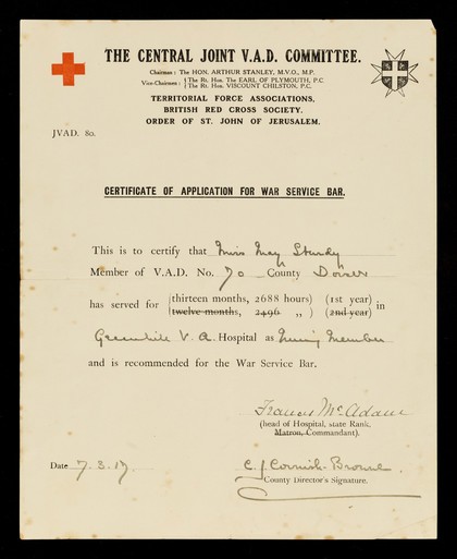 Certificate of application for war service bar / Joint Women's V.A.D. Dept.