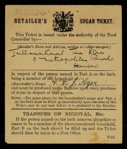 Retailer's sugar ticket / Food Controller.