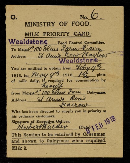 Milk priority card / Ministry of Food.