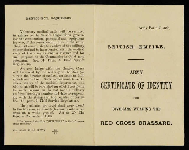 Army certificate of identity for civilians wearing the red cross brassard.