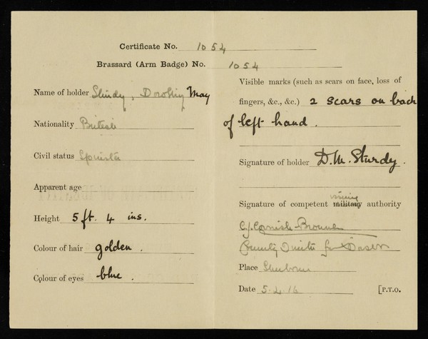 Army certificate of identity for civilians wearing the red cross brassard.