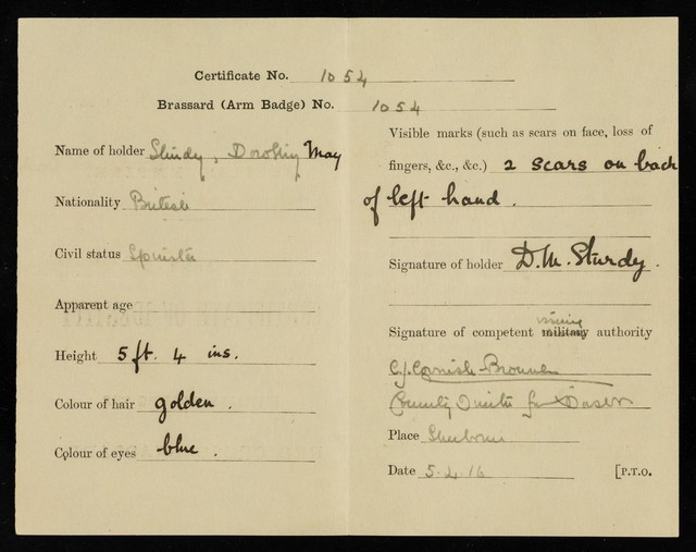 Army certificate of identity for civilians wearing the red cross brassard.