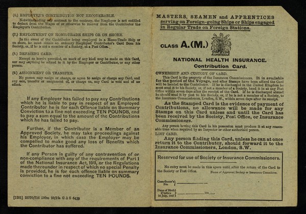 Masters, seamen and apprentices serving on foreign-going ships or ships engaged in regular trade on foreign stations : Class A.(M.) : national health insurance contribution card.