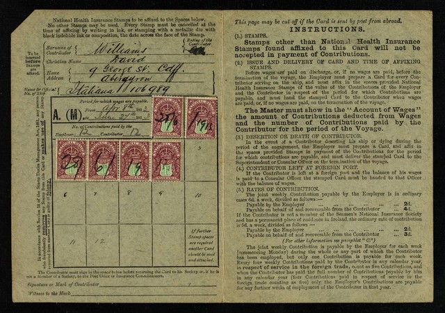 Masters, seamen and apprentices serving on foreign-going ships or ships engaged in regular trade on foreign stations : Class A.(M.) : national health insurance contribution card.