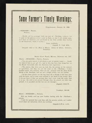 Read Doctor Burdizzo's message overleaf : the inventor and sole maker of the famous trade "Burdizzo" mark pincers : for bloodless castration of cattle, horses, sheep, pigs, dogs, cats.