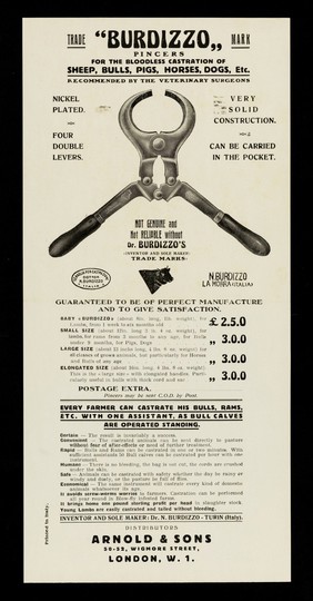 "Burdizzo" pincers for the bloodless castration of sheep, bulls, pigs, horses, dogs, etc. : recommended by the veterinary surgeons ... : inventor and sole maker: Dr. N. Burdizzo, Turin (Italy).