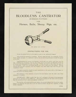 The bloodless castrator, Burdizzo pattern, for horses, bulls, sheep, pigs, etc. : instructions for use ... prices ... / Arnold & Sons.