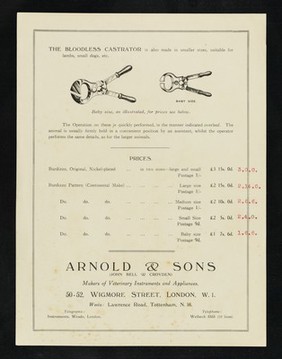 The bloodless castrator, Burdizzo pattern, for horses, bulls, sheep, pigs, etc. : instructions for use ... prices ... / Arnold & Sons.