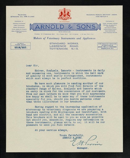 Arnold & Sons (Savory & Moore Ltd.) [letterhead] : Directors: E.T. Neathercoat, Ph.C., E.A. Umney, Ph.C, E.J.C. Savory, J.E. Saul, Ph. C., F.I.C. : makers of veterinary instruments and appliances : Standard Works, Lawrence Road, Tottenham, N.15.