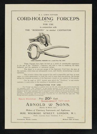 R. L. Lewis pattern cord-holding forceps : prov. pat. 1657 : for use in conjunction with the "Burdizzo" (or similar) castrator / Arnold & Sons.