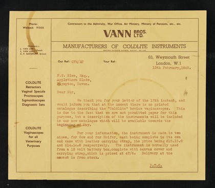 Vann Bros. Ltd. [letterhead] : manufacturers of coldlite instruments : British patents 540806, 549791, 551146.