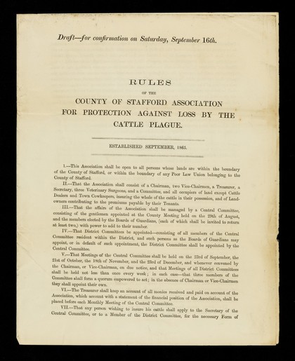 Rules of the County of Stafford Association for Protection Against Loss by the Cattle Plague : established September 1865.