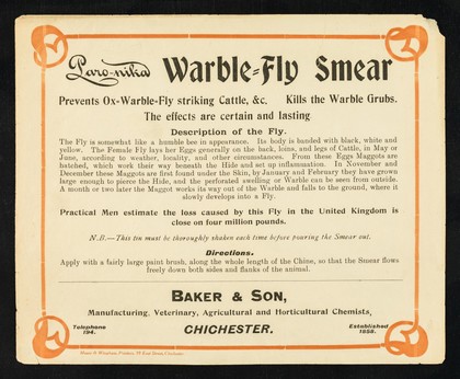 Paro-nika warble-fly smear : prevents ox-warble-fly striking cattle, &c. : kills the warble grubs : the effects are certain and lasting / Baker & Son.