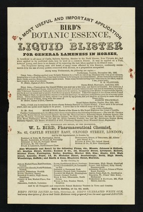 A most useful and important application : Bird's Botanic Essence, or Liquid Blister : for general lameness in horses... / W.L. Bird.