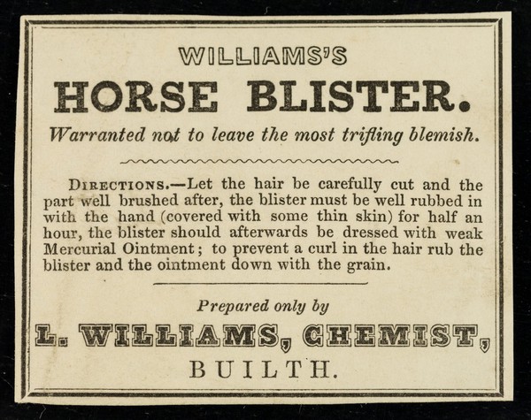 Williams's Horse Blister : warranted not to leave the most trifling blemish / prepared only by L. Williams.