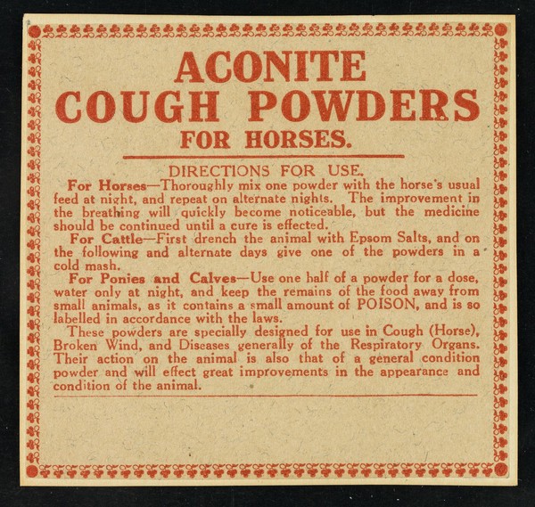 Aconite cough powders for horses.