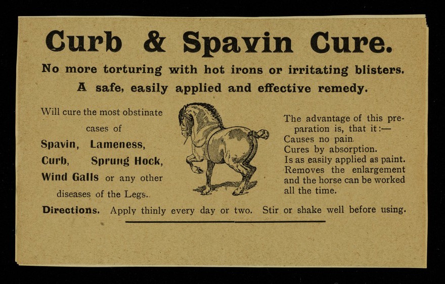 Curb & spavin cure : no more torturing with hot irons or irritating blisters : a safe easily applied and effective remedy.
