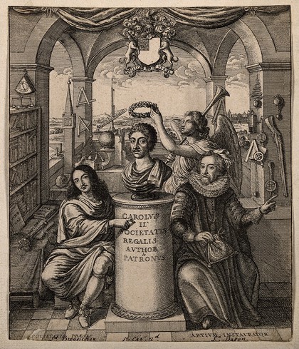 Francis Bacon and William Brouncker flanking a bust of King Charles II set on a pedestal, surrounded by symbols of scientific learning representing the Royal Society. Etching by W. Hollar, 1667, after J. Evelyn.