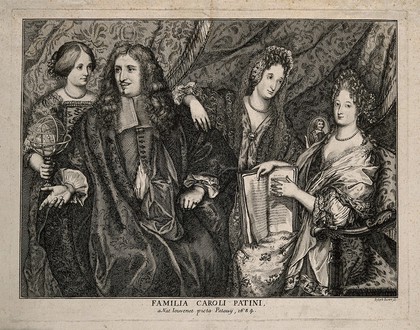 Charles Patin, his wife, and family: his wife holding a miniature of his father, one daughter holding an open book, the other an orrery. Engraving by J. Juster, 1691, after N. Jouvenet, 1684.