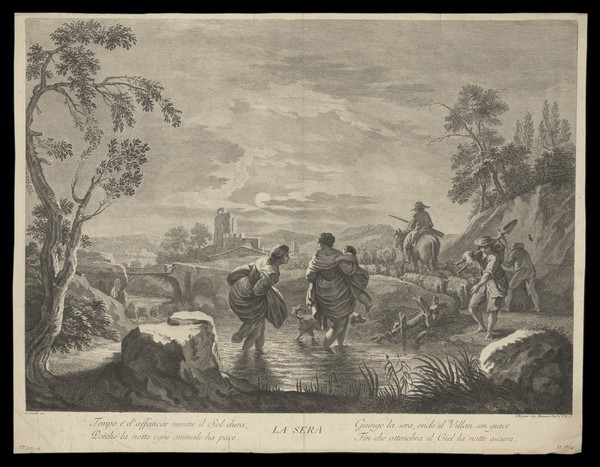 Evening: shepherds, labourers on their way home after a day of work, followed by two women and a child who cross a stream. Etching by J. Wagner after G. Zocchi.
