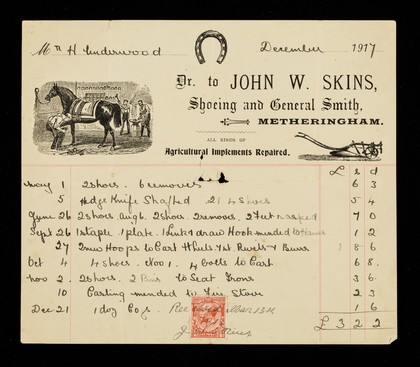 Dr. to John W. Skins, shoeing and general smith, Metheringham : all kinds of agricultural implements repaired.