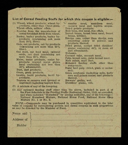 Feeding stuffs (rationing) order, 1949 / Ministry of Agriculture and Fisheries, Dept. of Agriculture for Scotland, Ministry of Food.
