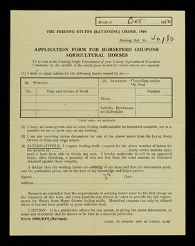 Application form for horsefeed coupons : agricultural horses : to be sent to the Feeding Stuffs Department of your County Agricultural Executive Committee by the middle of the month prior to that for which rations are required.