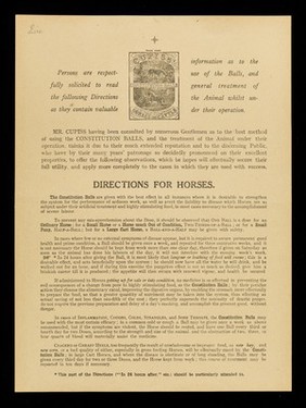 Persons are respectfully solicited to read the following directions as they contain valuable information as to the use of the Balls, and general treatment of the animal whilst under their operation... : directions for use...