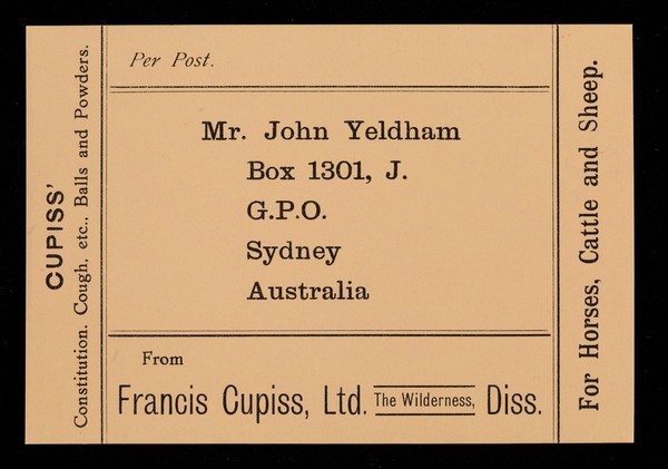 Per post : Mr. John Yeldham, Box 1301, J., G.P.O., Sydney, Australia / from Francis Cupiss Ltd., The Wilderness, Diss.