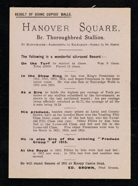 Knepp Castle Stud, West Grinstead, Horsham, Mar. 16th, 1915 : Dear Sirs, Please send me a guinea box of Cupiss' Constitution Balls : [violet card] / Ed. Brown, stud groom to Sir Merrik Burrell, Bart.