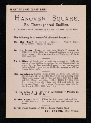 Knepp Castle Stud, West Grinstead, Horsham, Mar. 16th, 1915 : Dear Sirs, Please send me a guinea box of Cupiss' Constitution Balls : [violet card] / Ed. Brown, stud groom to Sir Merrik Burrell, Bart.