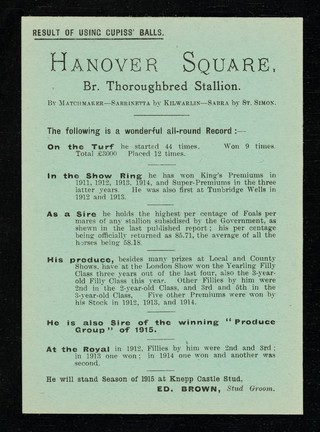 Knepp Castle Stud, West Grinstead, Horsham, Mar. 16th, 1915 : Dear Sirs, Please send me a guinea box of Cupiss' Constitution Balls : [green card] / Ed. Brown, stud groom to Sir Merrik Burrell, Bart.