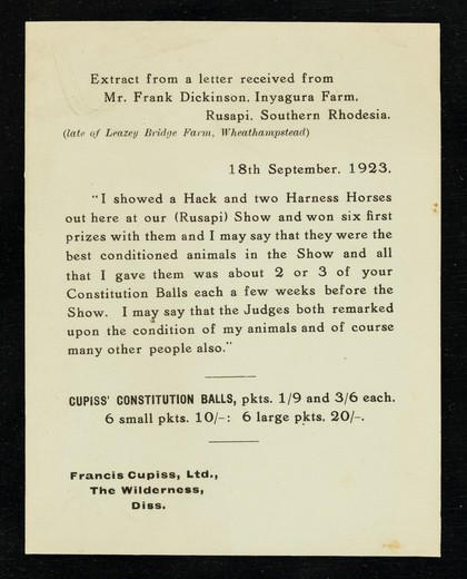 Extract from a letter received from Mr. Frank Dickinson, Inyagura Farm, Rusapi, Southern Rhodesia : (late of Leazey Bridge Farm, Wheathampstead) : 18th September, 1923...