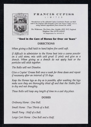 Directions : when giving a ball hold in hand before fire until soft ... / Francis Cupiss Limited.